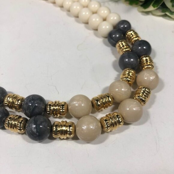 Two Strand Ivory Gray Beige Gold Tone Beaded Layered 18 Necklace Foldover Clasp - Picture 4 of 5
